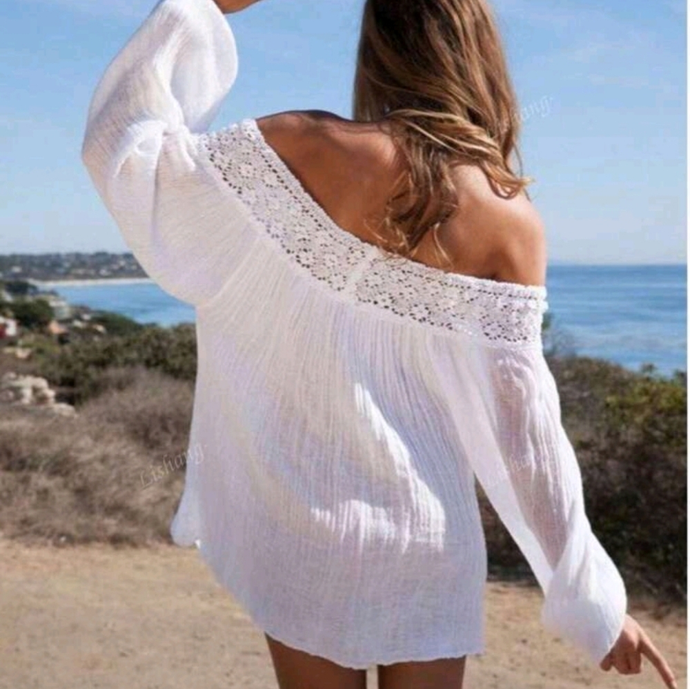 Casual Vacation Style Women's Lace Trim Off Shoulder Long Sleeve Blouse - Picture 2 of 5